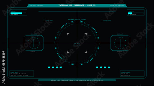 Futuristic tactical head up display interface with targeting reticle and digital data readouts