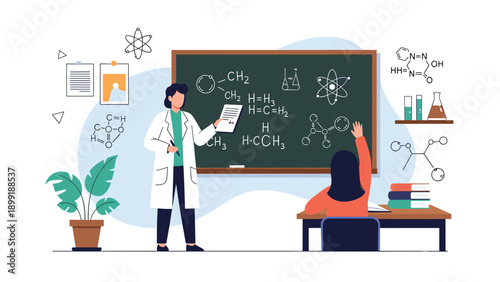 Science teacher explains complex chemical formulas on a blackboard while an inquisitive student raises her hand in class.