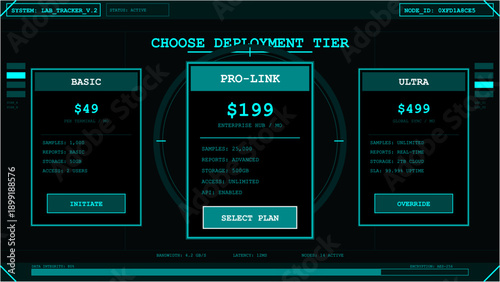 Futuristic user interface showing deployment tier selection for software or service plans