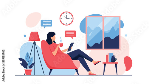 Peaceful woman enjoys a hot beverage while reading on a digital tablet in her cozy living room with a scenic mountain view window.