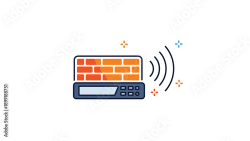 Network security firewall icon with signal waves and a brick pattern represents a protected internet connection and cyber safety.