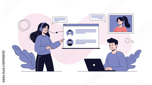Professional customer service representatives wearing headsets communicate with clients through a digital interface with avatars.