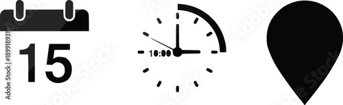 This image features a set of three minimalist icons used to convey the core logistical details of an event or appointment. These icons are designed to be understood quickly without the need for text l