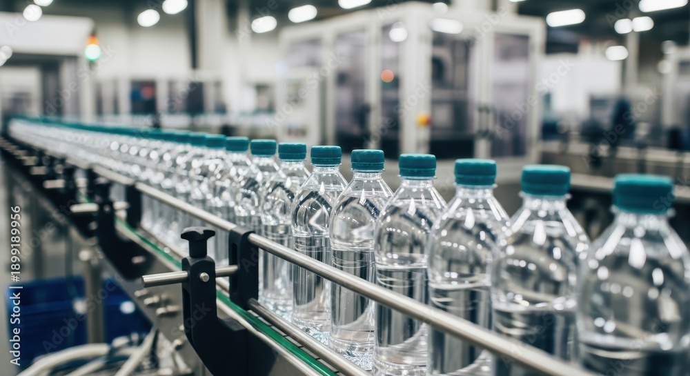 Obraz premium Clear plastic water bottles moving along a factory conveyor belt in a large-scale production line