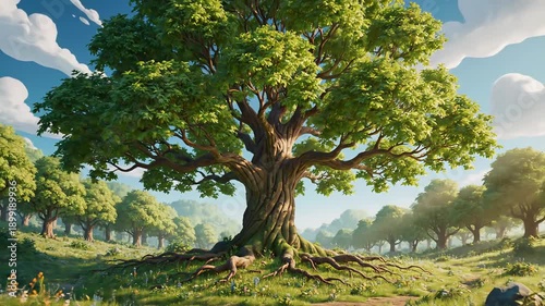 A small green sprout with two nascent leaves pushes through dark soil, glowing with an otherworldly green light, surrounded by a vibrant meadow and ancient trees.