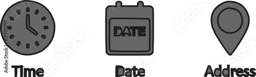 The image displays three common icons used in user interfaces, scheduling, and event planning to represent logistical information