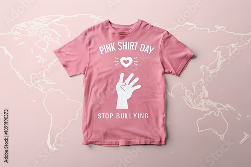 Pink shirt day awareness garment featuring a graphic design with a heart and raised hand symbolizing kindness and the important message to stop bullying throughout the world.