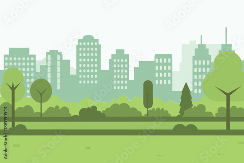 A serene flat design illustration depicts a green city park with a skyline