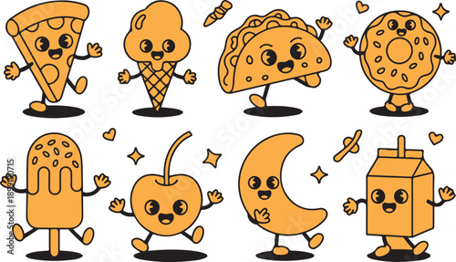 Playful orange drawings of various edible treats such as pizza, ice cream, tacos, and milk with cheerful faces