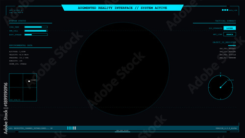 Futuristic augmented reality interface display with system status and tactical data on a dark background