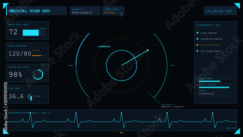 Futuristic medical heads-up display showing vital signs and diagnostic data on a dark background
