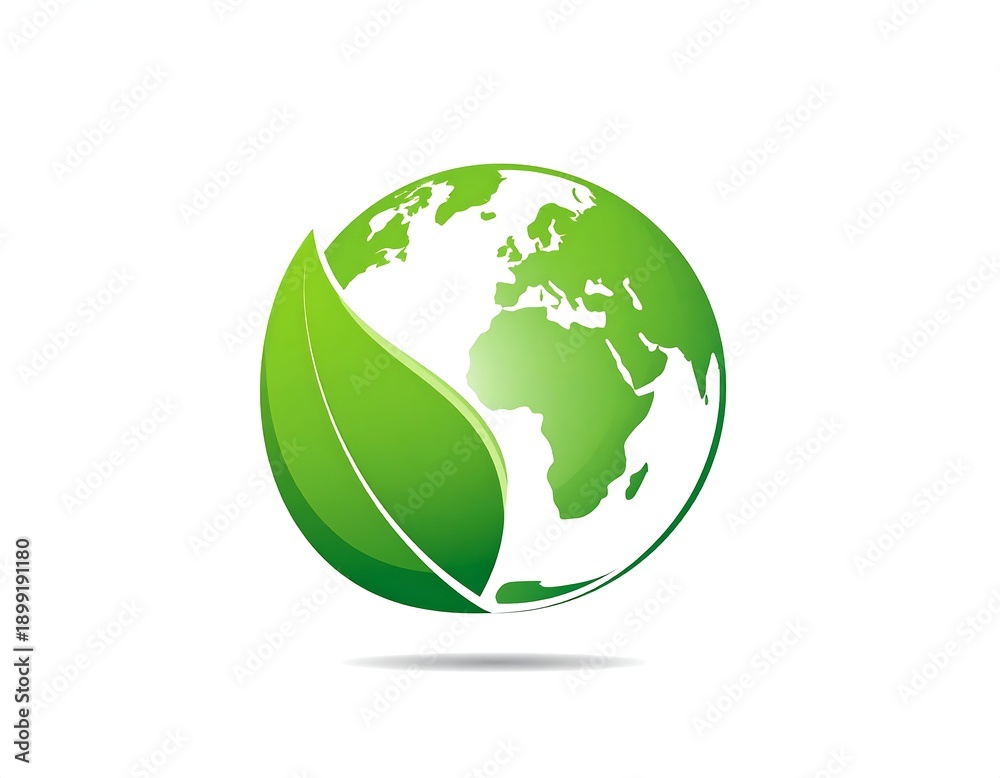 Fototapeta premium A vibrant, graphical representation of planet Earth subtly integrated with a large, fresh green leaf, set against a clean white backdrop