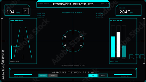 Futuristic autonomous vehicle heads up display interface showing real-time driving data and system status