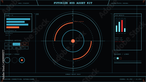 Futuristic heads-up display asset kit with target scanning radar and data metrics