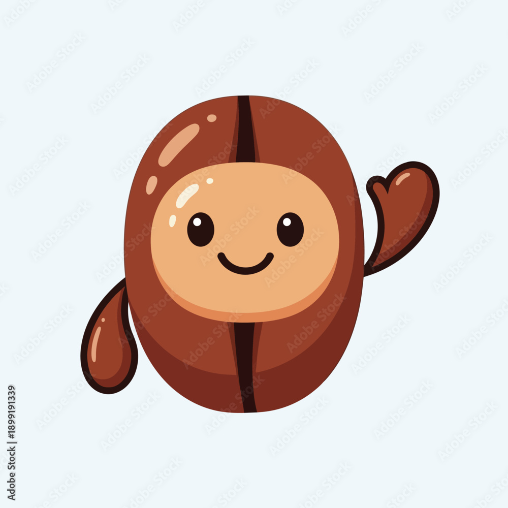 Obraz premium A cheerful cartoon coffee bean with a smiling face and arms poses happily on a plain background.