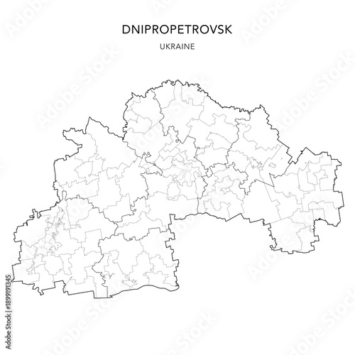Vector Map of Dnipropetrovsk Oblast with Administrative Subdivisions of Raions (Districts), and Hromadas (Communities), and Urban Raions (City Districts) of Dnipro, Kamianske, and Kryvyi Rih - Ukraine