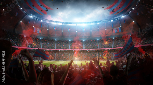 Football stadium at night with cheerful atmosphere.