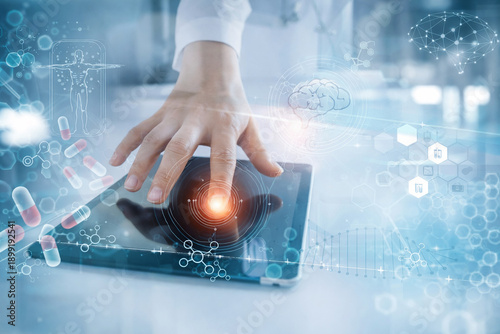 AI generated medical professional interacting with digital tablet showing biomedical data dna analytics precision medicine and advanced healthcare technology