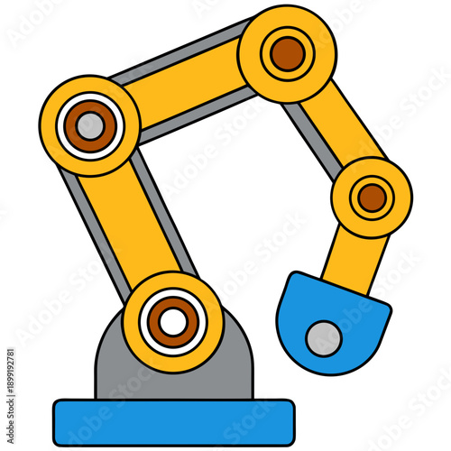 A detailed illustration of a yellow and blue industrial robotic arm. Vector