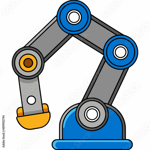 A detailed illustration of a complex robotic arm with multiple joints and grippers. Vector