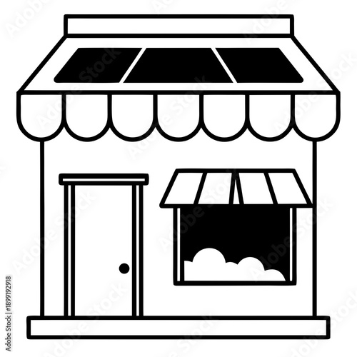 A black and white illustration of a storefront with two awnings and a door Vector