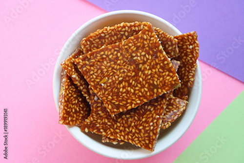 Traditional Indian Til Chikki or sesame brittle for festival celebration