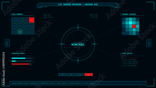 Futuristic dark blue interface displaying IOT sensor network data and core status