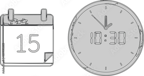 calendar date icon with clock and time symbols in a clean vector design
