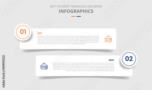 Buy vs rent comparison for infographic with drop shadow style with round rectangle box with circle badge two point list information