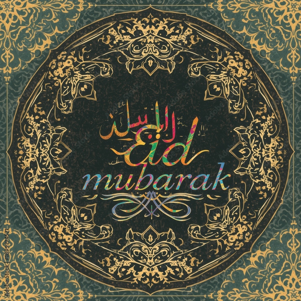 Naklejka premium Elegant arabic eid mubarak decorative design with intricate patterns and calligraphy