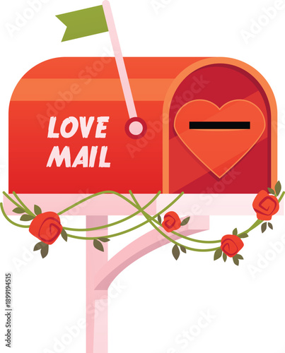 Red mailbox with flag and roses flat vector icon, postbox on the pillar for receiving romantic Valentines letters