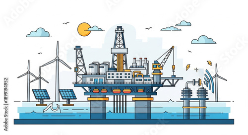 Offshore oil rig and renewable energy sources illustration.
