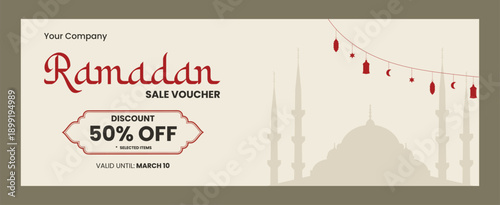Ramadan sale voucher template. Coupon template for ramadan event. Gift card template for shop.