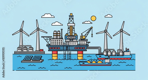 Offshore oil rig and wind turbines illustration.
