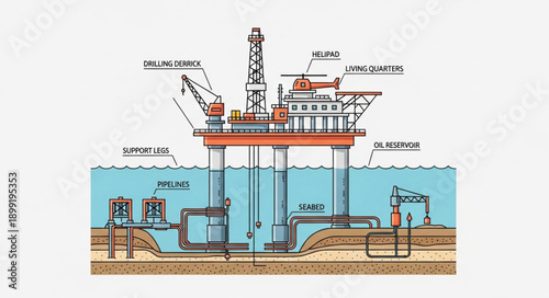 Offshore oil rig diagram showing underwater structure and equipment.