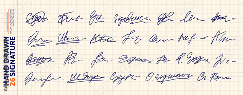 Hand Drawn Blue Fake Signature Set. Fake Signature Autograph Sign Sample Kit. Random Hand Name Handwritten Autograph Collection. Vector Line Illustration Clipart in Scrapbook Grid Paper Background