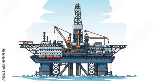 Offshore oil rig drilling platform in the ocean illustration.
