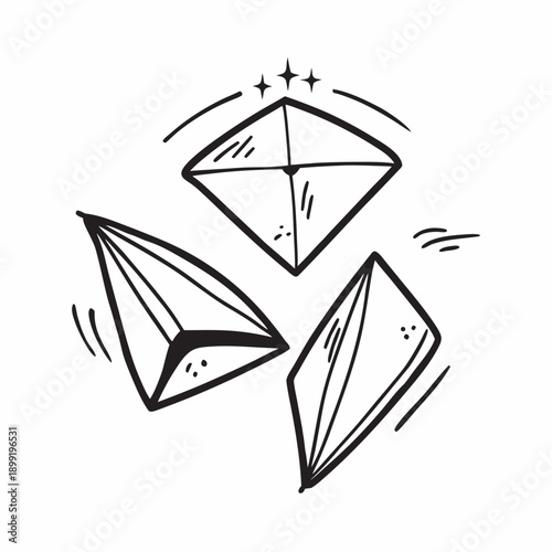 Three geometric shapes with arrows and dotted lines indicating rotation and movement. Vector