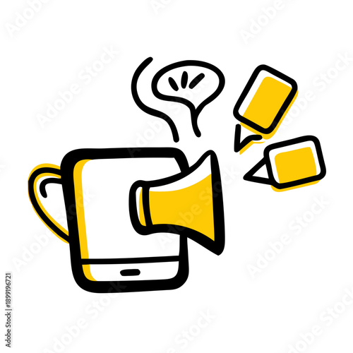 A graphic of a coffee mug with speech bubbles and a megaphone. Vector