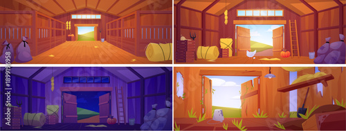Wooden barn interior day and night vector set, cartoon haystack, chicken coop, crop bags, farming building, hen with egg