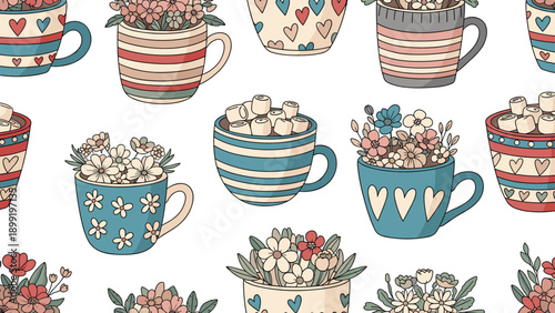 Charming seamless pattern of decorative cups filled with spring wildflowers and cozy hot chocolate with marshmallows.