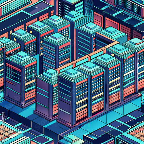 A futuristic cityscape with towering buildings and glowing lights at night. Vector