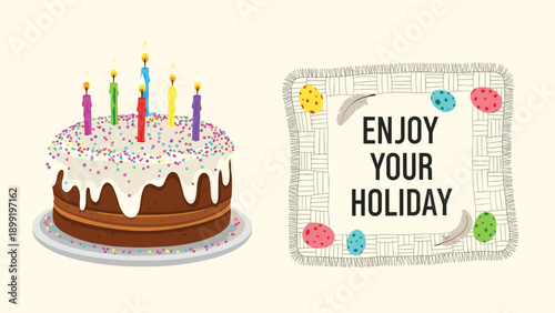 Chocolate layer cake with white frosting and colorful lit candles stands beside a decorative frame with enjoy your holiday text.
