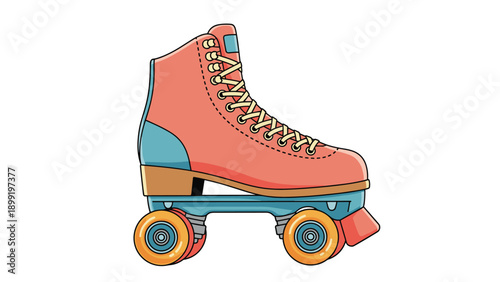 Retro style quad roller skate in pink and teal with orange wheels and cream laces isolated on a plain white background.