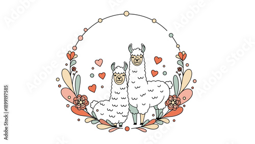 Sweet illustration of two white llamas surrounded by small hearts inside a delicate circular floral wreath with pastel colored leaves.