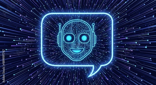 Artificial intelligence chatbot face with digital grid representing virtual assistant, AI communication and smart technology concept
