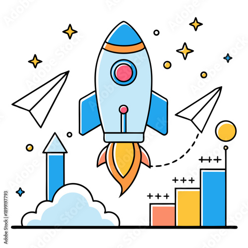 A vibrant illustration of a rocket ship launching into space with planets and stars Vector