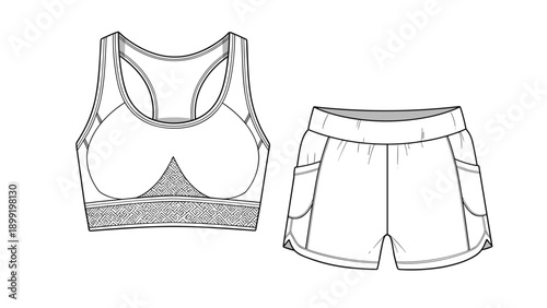 Flat fashion sketch of women sports bra and shorts set for activewear and fitness apparel technical drawing on white background.
