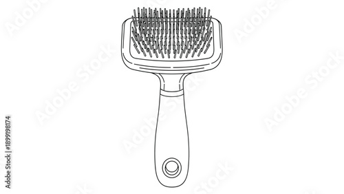 Simple line art illustration of pet grooming brush for cats or dogs hair care and professional salon services isolated on white.