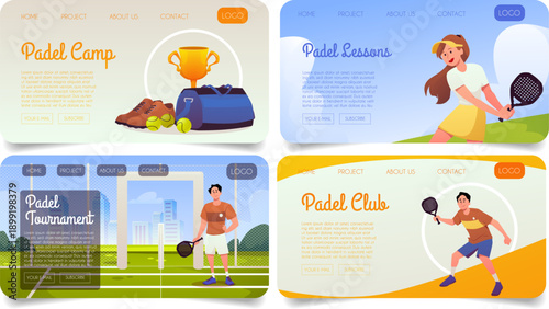 A set of web pages featuring padel characters and equipment.